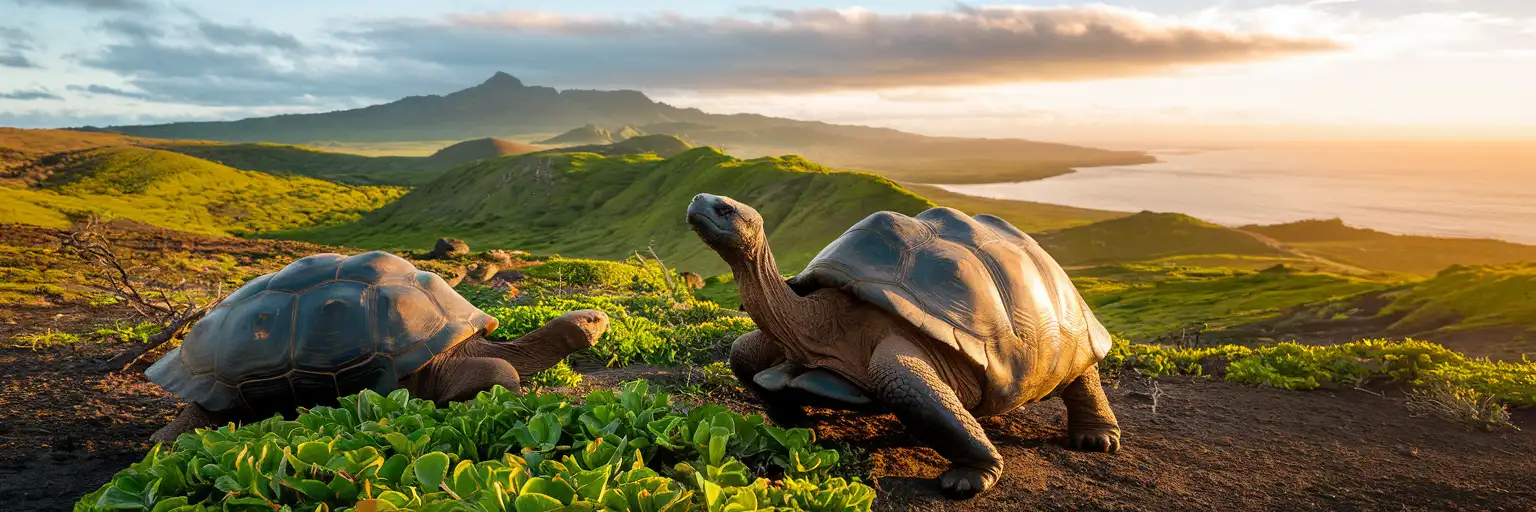 Giant tortoises in their natural highland habitat on Santa Cruz Island in the Galápagos, Ecuador, with volcanic terrain and misty mountains at golden hour
