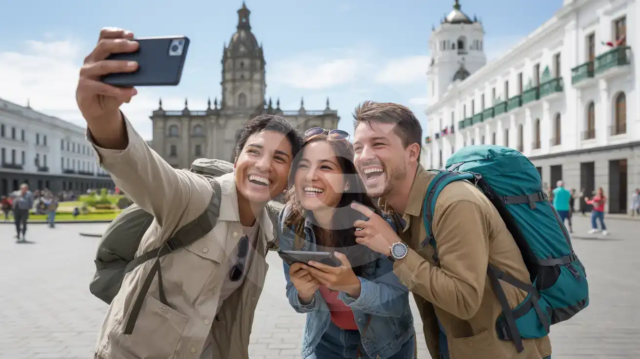 Three friends taking a group selfie in Quito's Plaza Grande with the Presidential Palace and Metropolitan Cathedral in the background under clear blue skies