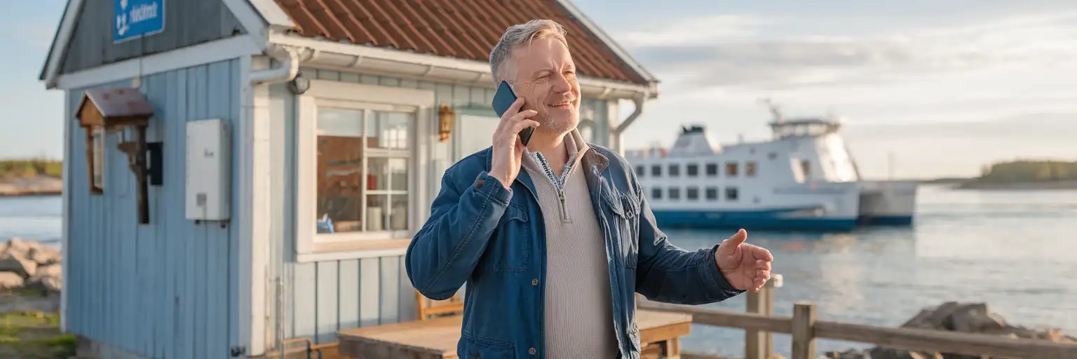 Podróżnik rozmawiający przez telefon przed terminalem promowym w Estonii nad Morzem Bałtyckim