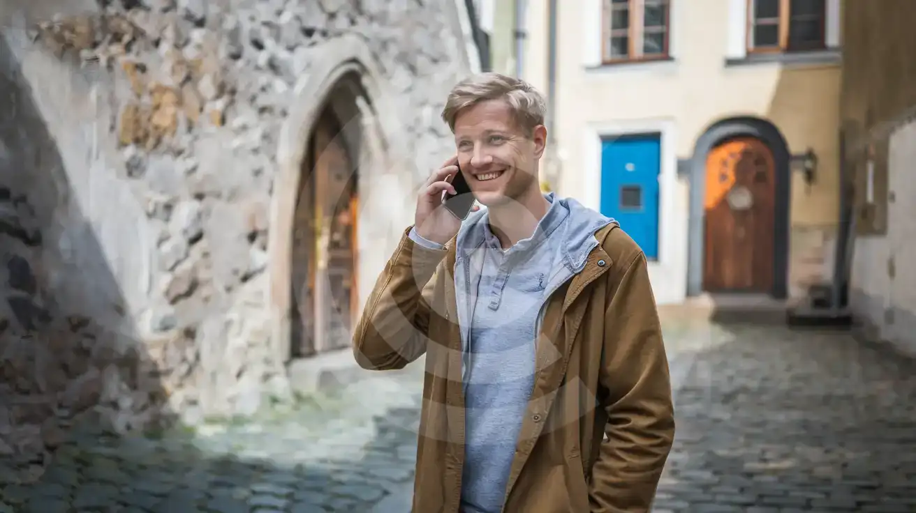Podróżnik kończący rozmowę telefoniczną w brukowanej uliczce Starego Miasta w Tallinnie