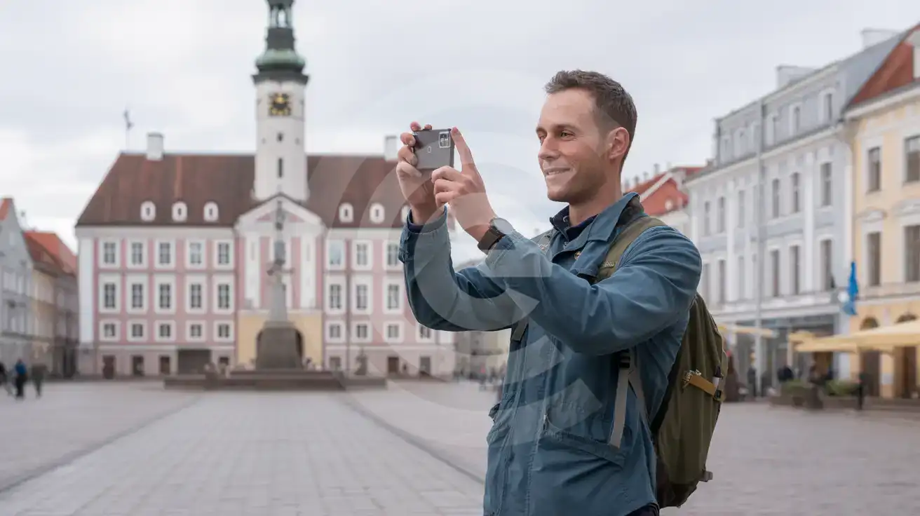 Samotny podróżnik fotografujący Ratusz w Tartu na placu Raekoja plats w Estonii