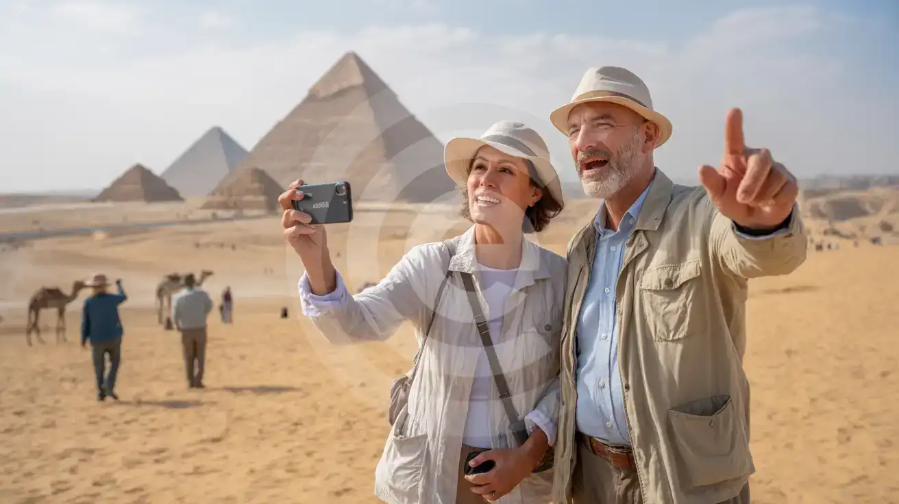 Senior couple photographing the three pyramids of Giza from the panoramic viewpoint at golden hour
