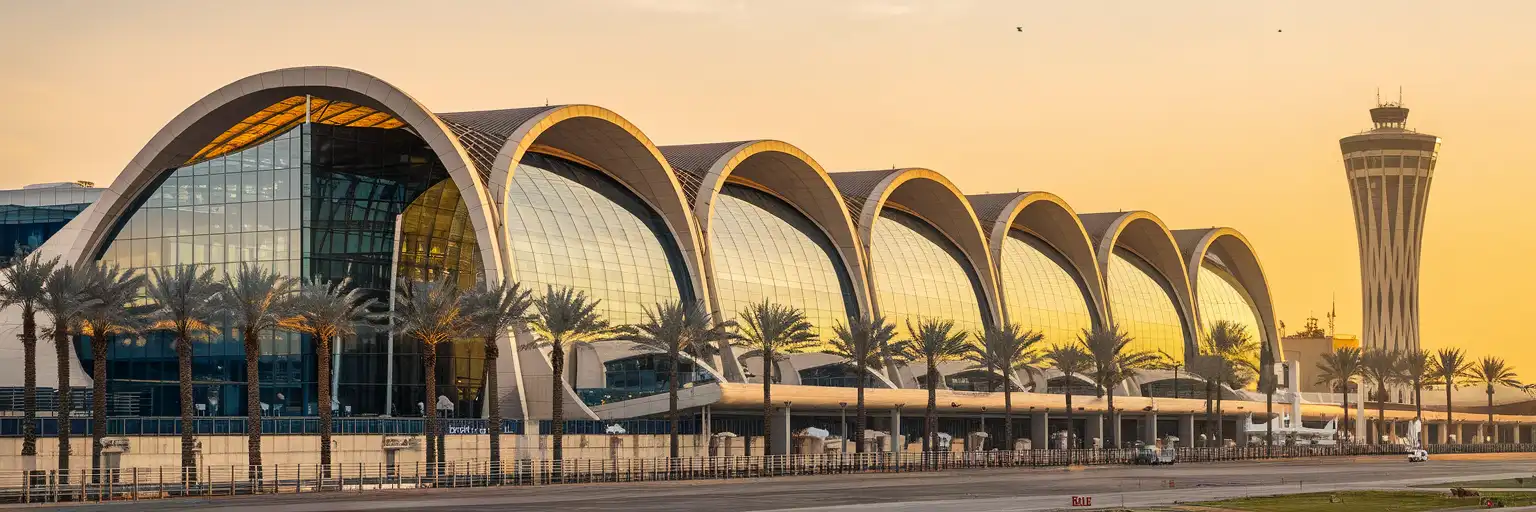 Terminal 3 falcon-wing facade at Cairo International Airport with Pharaonic control tower at golden hour