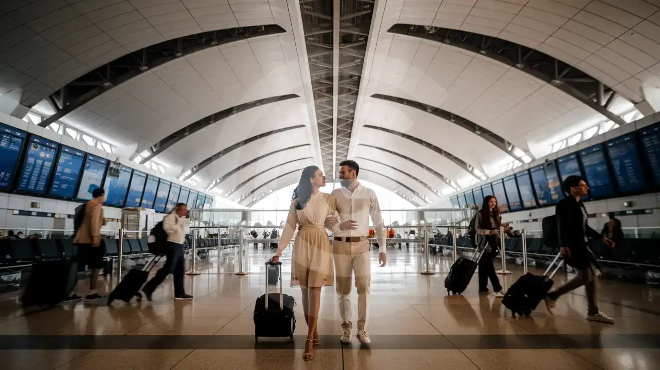 Honeymoon couple walking through Terminal 3 departures hall at Cairo International Airport with curved falcon-wing ceiling
