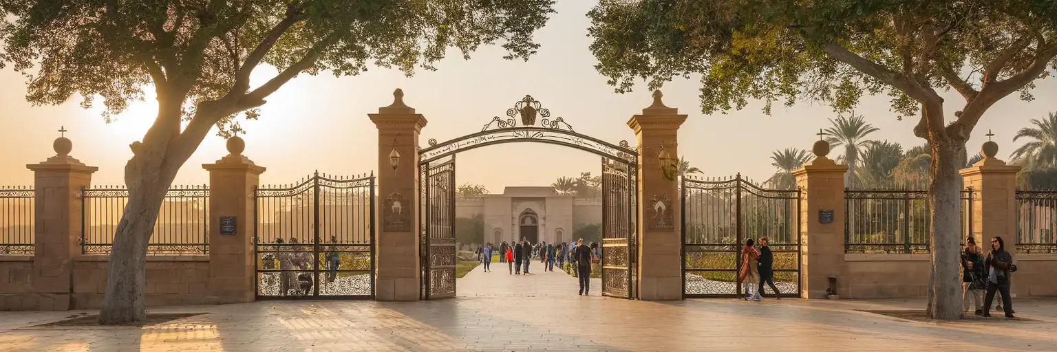 Wide exterior view of Giza Zoo in Cairo, Egypt at golden hour with the leafy entrance approach