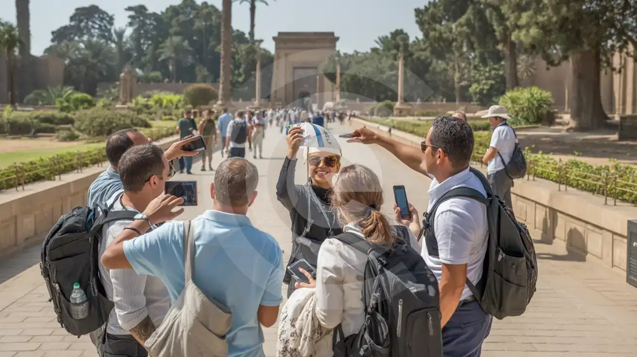 Guided tour group using phones along a shaded interior pathway at Giza Zoo, Cairo, Egypt