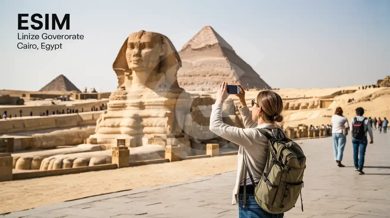 Solo female traveler photographing the Great Sphinx of Giza in Giza Governorate, Cairo, Egypt