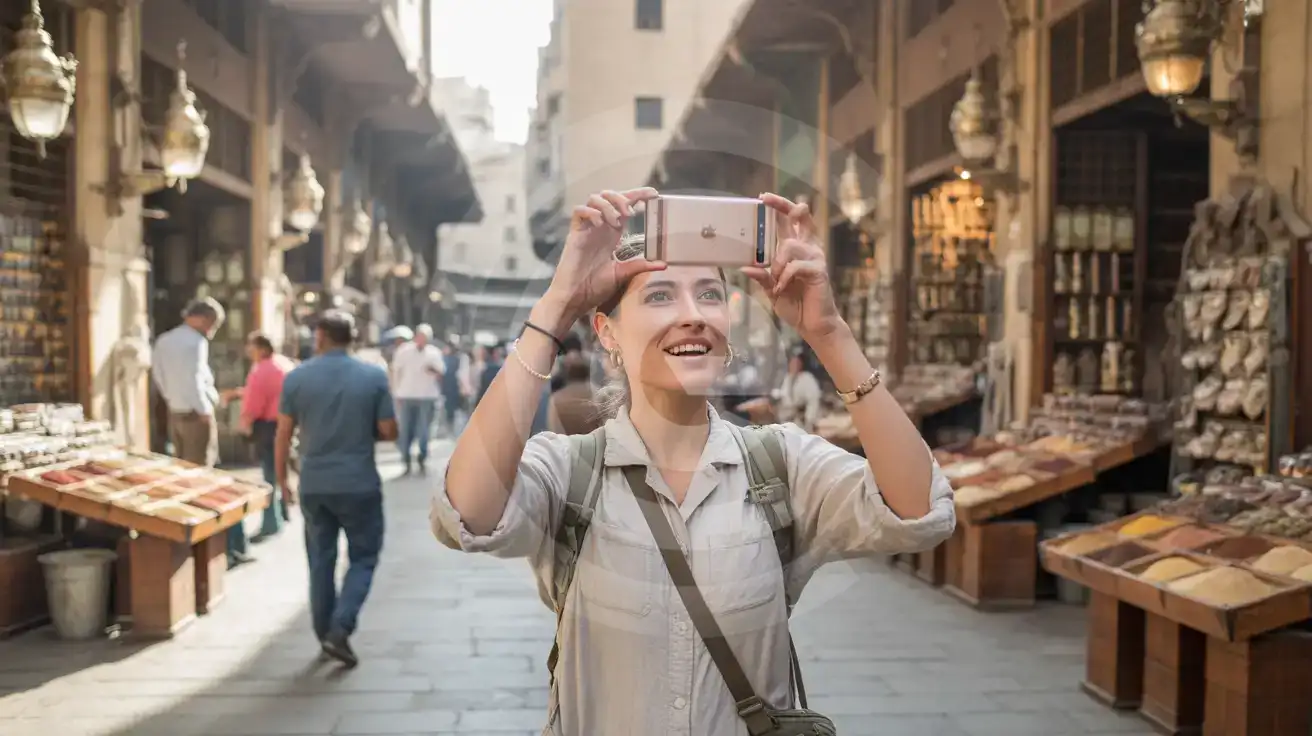 Solo female traveler photographing the ornate brass lanterns and spice stalls inside Khan El Khalili bazaar in Cairo
