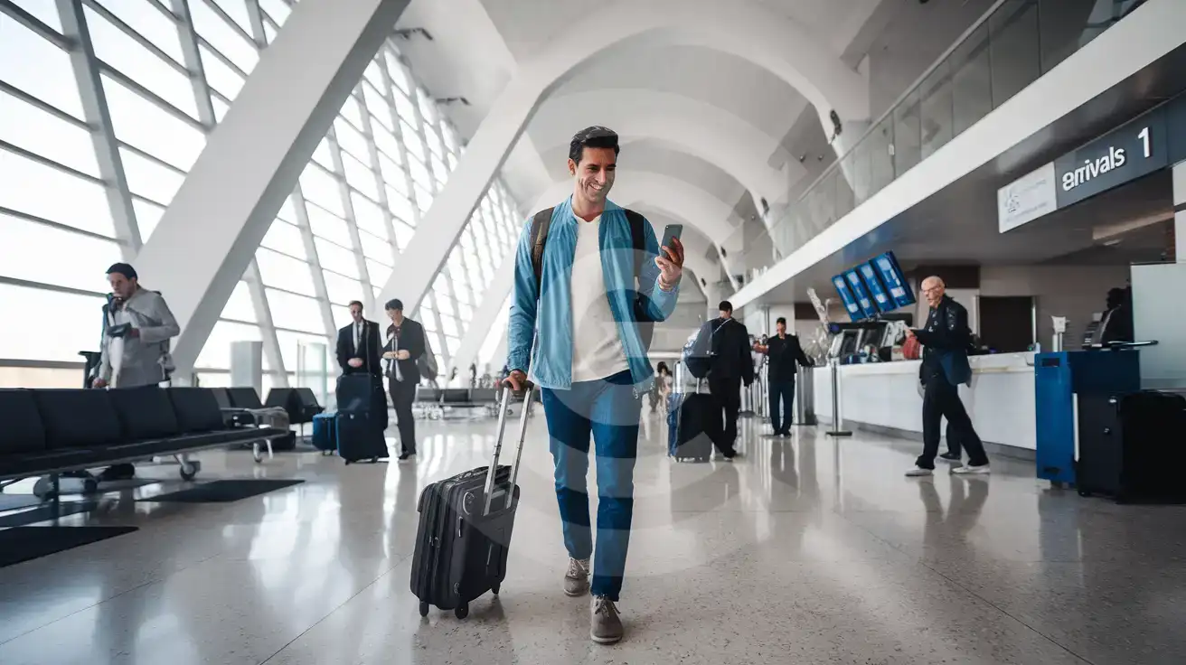 Solo male traveler walking through Sharm El Sheikh Airport Terminal 1 arrivals with smartphone and carry-on