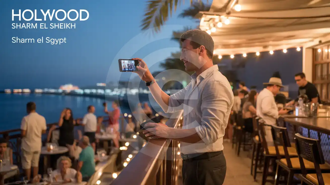 Solo male traveler filming the nightlife scene from a rooftop bar at Hollywood Sharm El Sheikh entertainment district