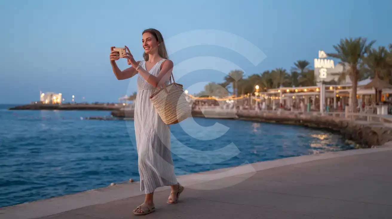 Solo female traveler photographing Naama Bay promenade at twilight with Red Sea and beachfront cafes in Sharm El Sheikh