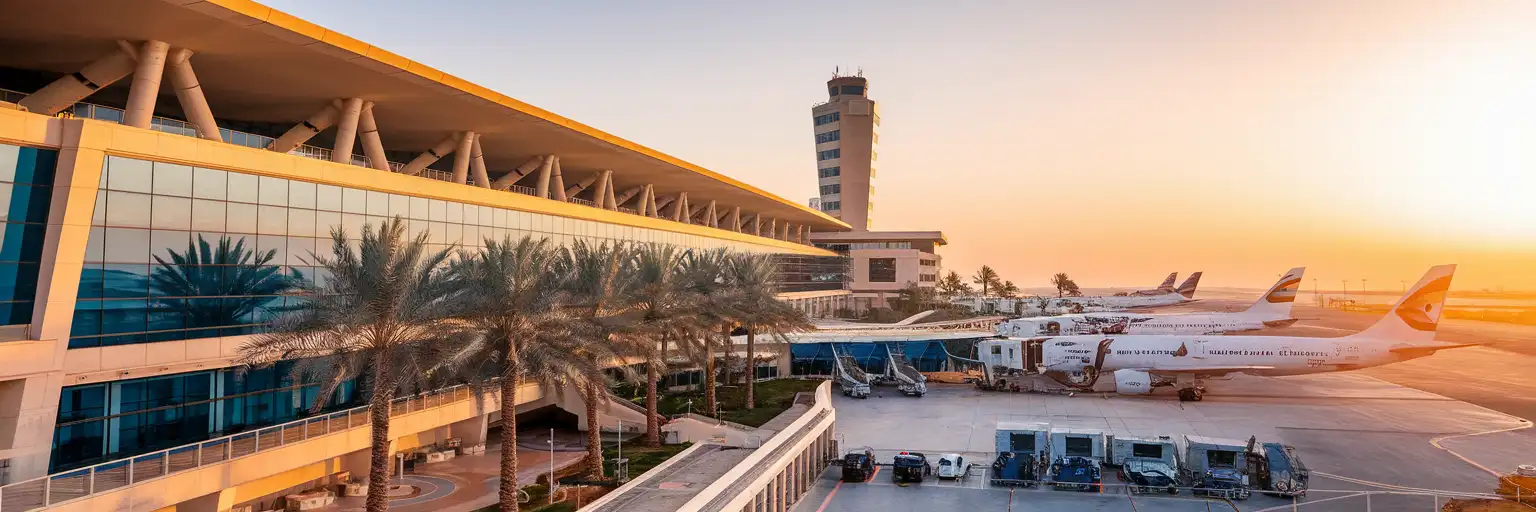 Hurghada International Airport terminal exterior at golden hour with control tower and Red Sea sunset