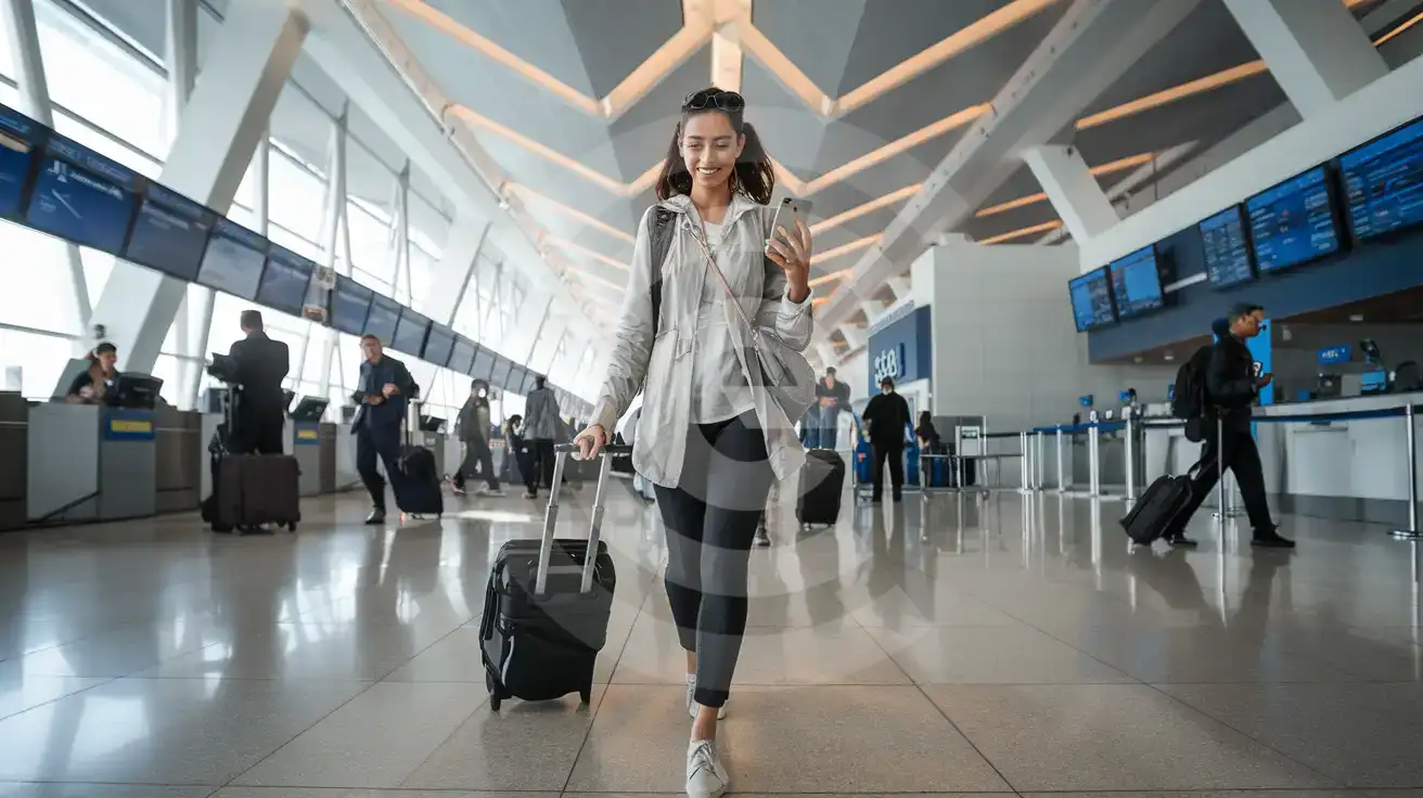 Solo female traveler walking through Hurghada International Airport departure hall with rolling suitcase and smartphone