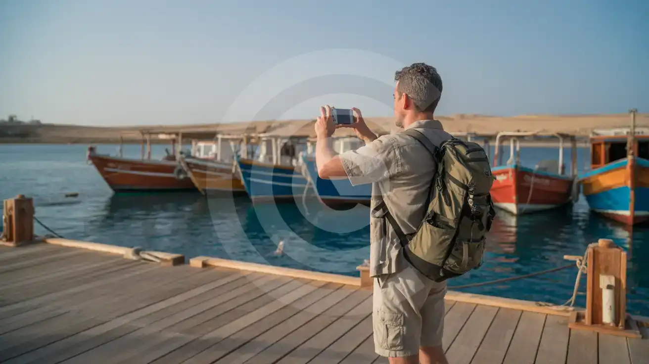 Solo male traveler photographing traditional dive boats at Hurghada marina in early morning light