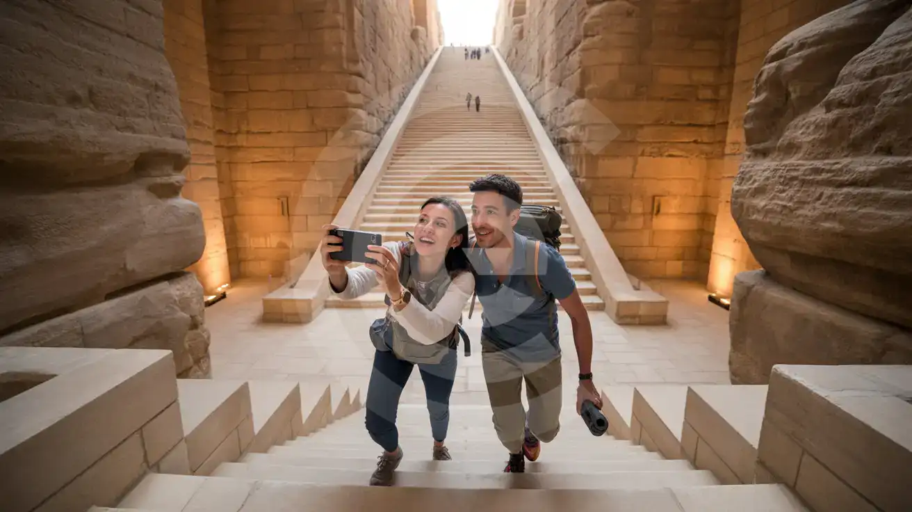 A couple photographing the Grand Gallery inside the Great Pyramid of Giza with smartphone