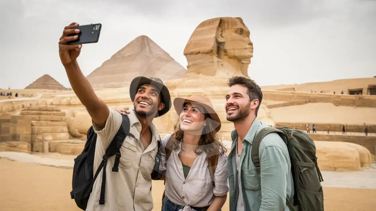 Three friends taking a group selfie in front of the Great Sphinx of Giza with the Pyramid of Khafre visible in the background