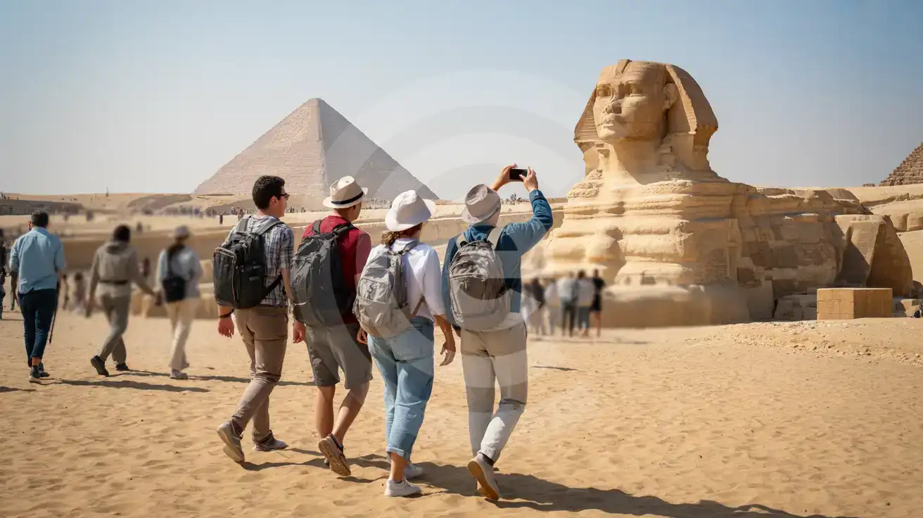 Three friends walking toward the Great Sphinx at Giza with the Pyramid of Khafre in the background, one holding a smartphone to photograph the scene
