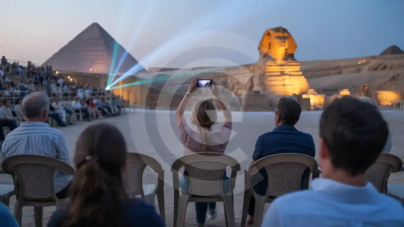 Solo female traveler filming the Sound and Light Show at the Pyramids of Giza from the open-air seating area