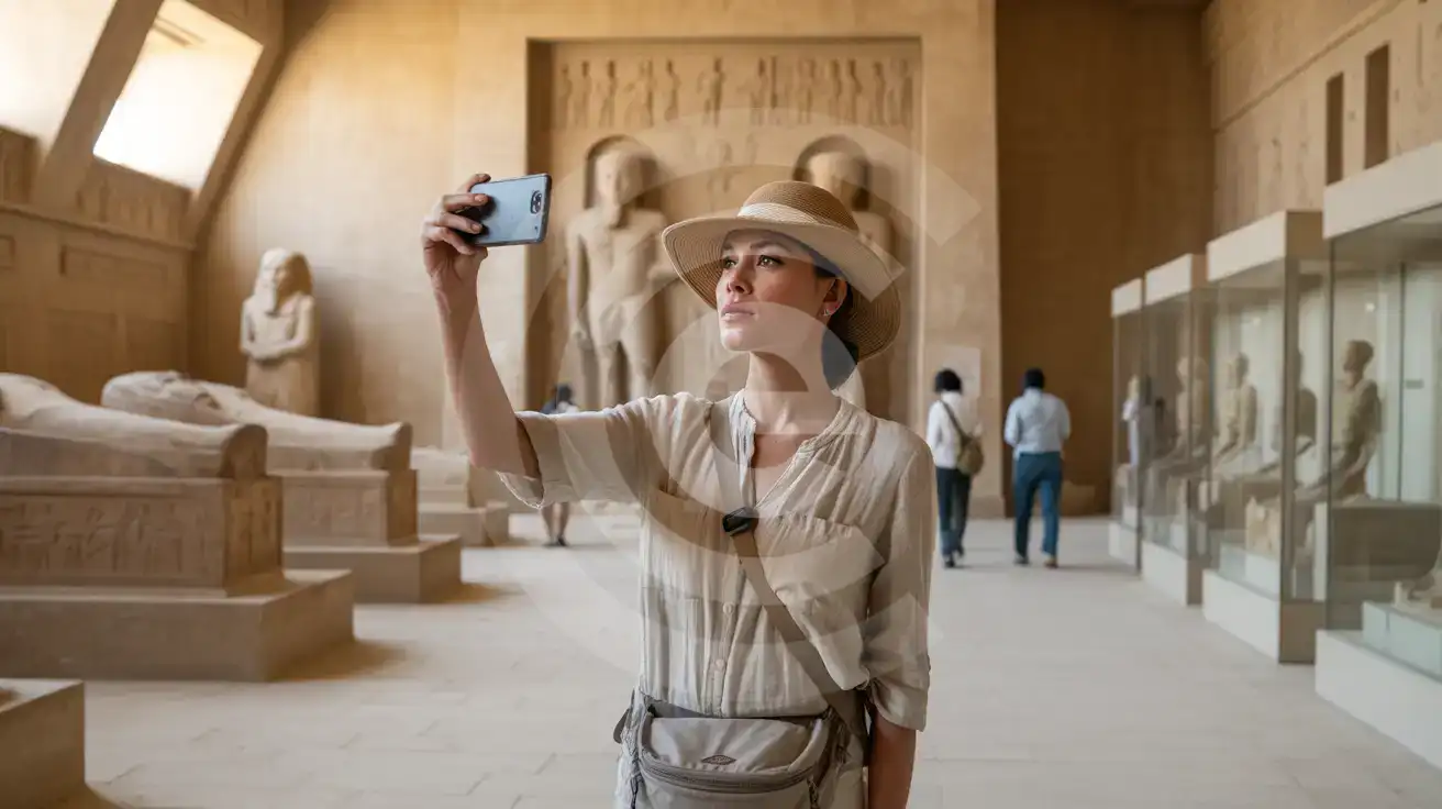 A solo female traveler photographing ancient Egyptian artifacts inside the Imhotep Museum at Saqqara Necropolis
