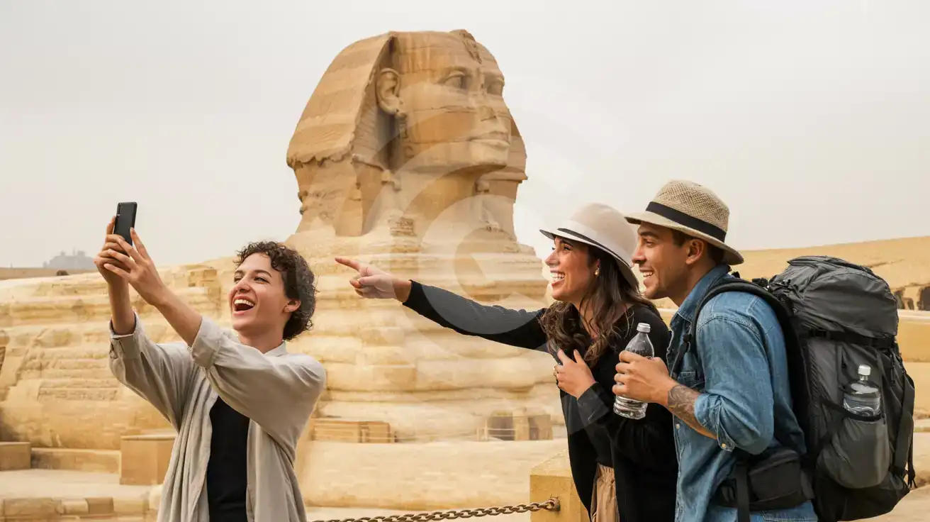 Three friends photographing the Great Sphinx of Giza from the viewing platform under soft overcast light