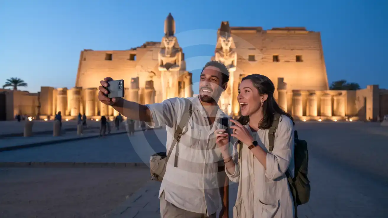 Um casal fotografando as colunas iluminadas do Templo de Luxor ao entardecer no Egito