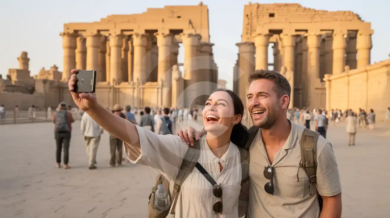 A couple photographing the towering columns of Karnak Temple in Luxor at golden hour