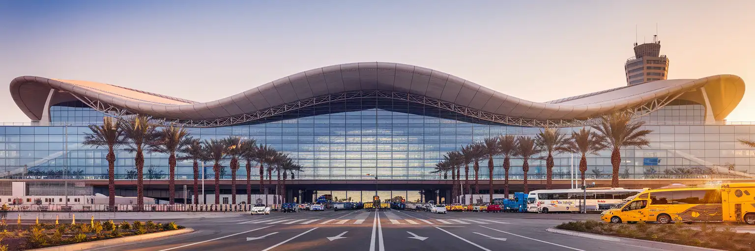 Terminal 1 exterior facade at Josep Tarradellas Barcelona-El Prat Airport with its distinctive white curved architecture at golden hour