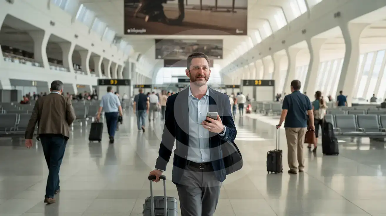 Business traveler walking through Terminal 1's light-filled Ricardo Bofill-designed concourse at Barcelona El Prat Airport