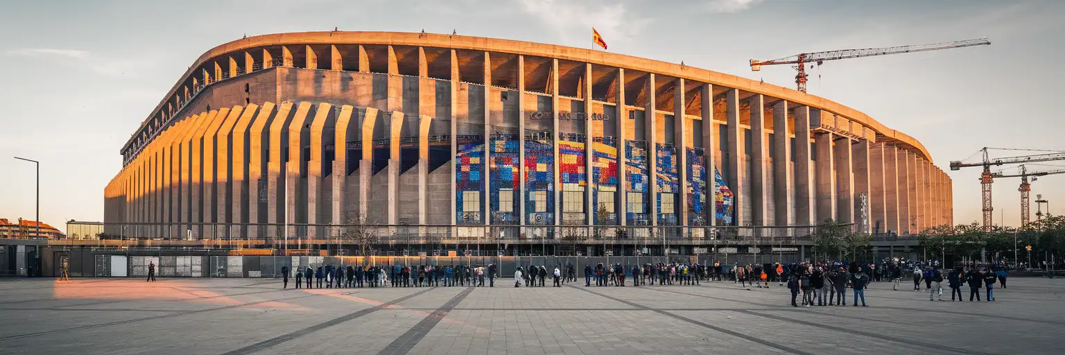 Spotify Camp Nou stadium exterior at golden hour showing the iconic concrete bowl and Mès que un club mosaic in Barcelona