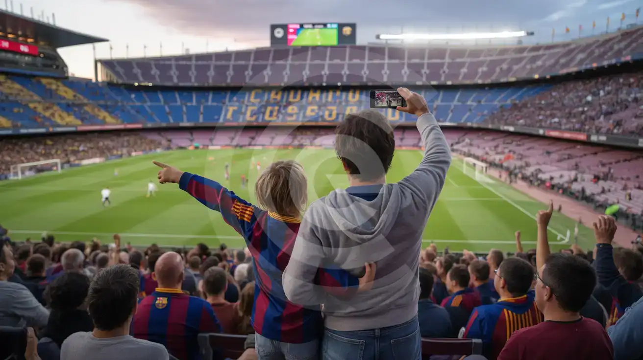 Family celebrating a goal during a live FC Barcelona match at Spotify Camp Nou with packed tribune and players on the pitch