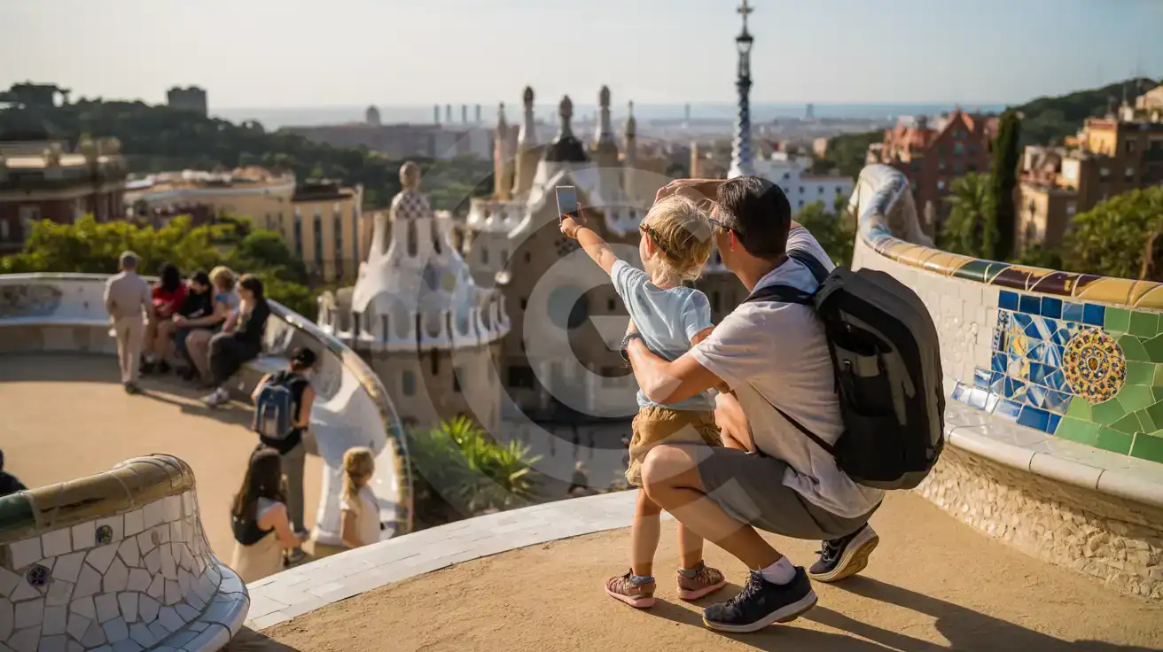 Family pointing toward Sagrada Família from Park Güell's serpentine bench terrace at golden hour
