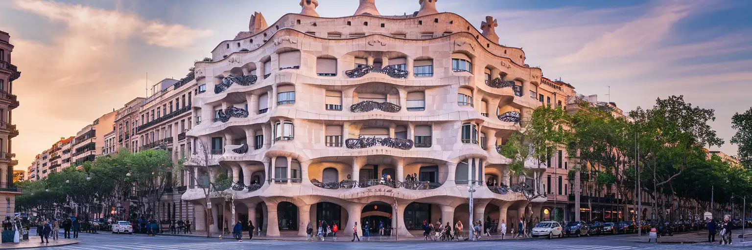 The undulating stone facade and wrought-iron balconies of Casa Milà (La Pedrera) on Passeig de Gràcia in Barcelona at golden hour