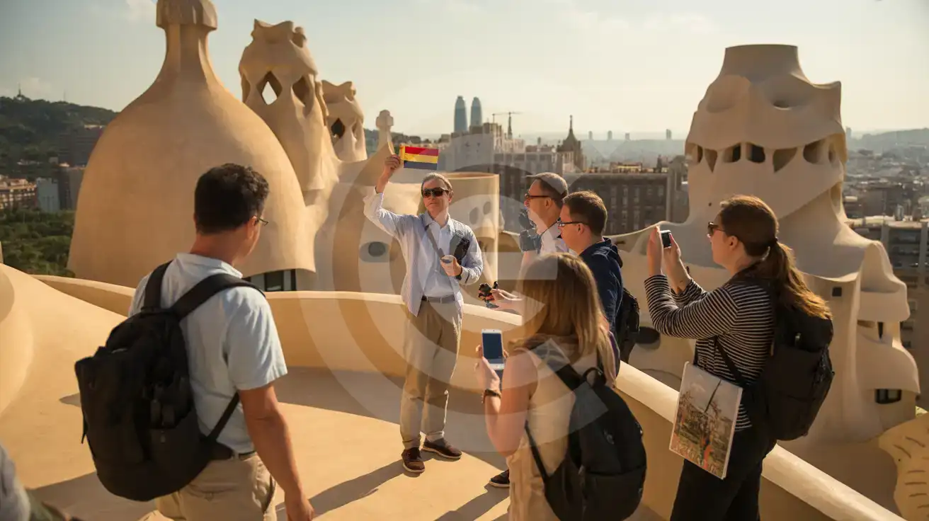 Tour group photographing the warrior-helmet chimney sculptures on the rooftop terrace of Casa Milà with the Barcelona skyline behind