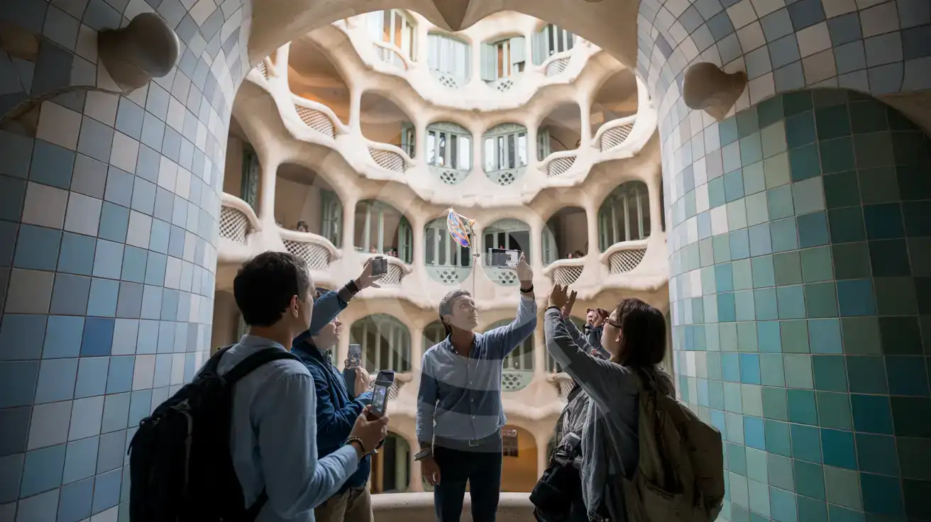 Tour group photographing the blue gradient ceramic light well inside Casa Batlló in Barcelona