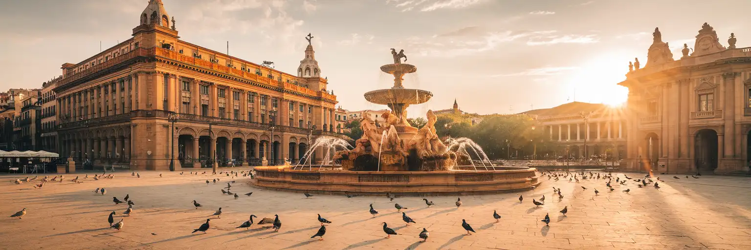 Plaça de Catalunya central square in Barcelona at golden hour with fountains and historic buildings