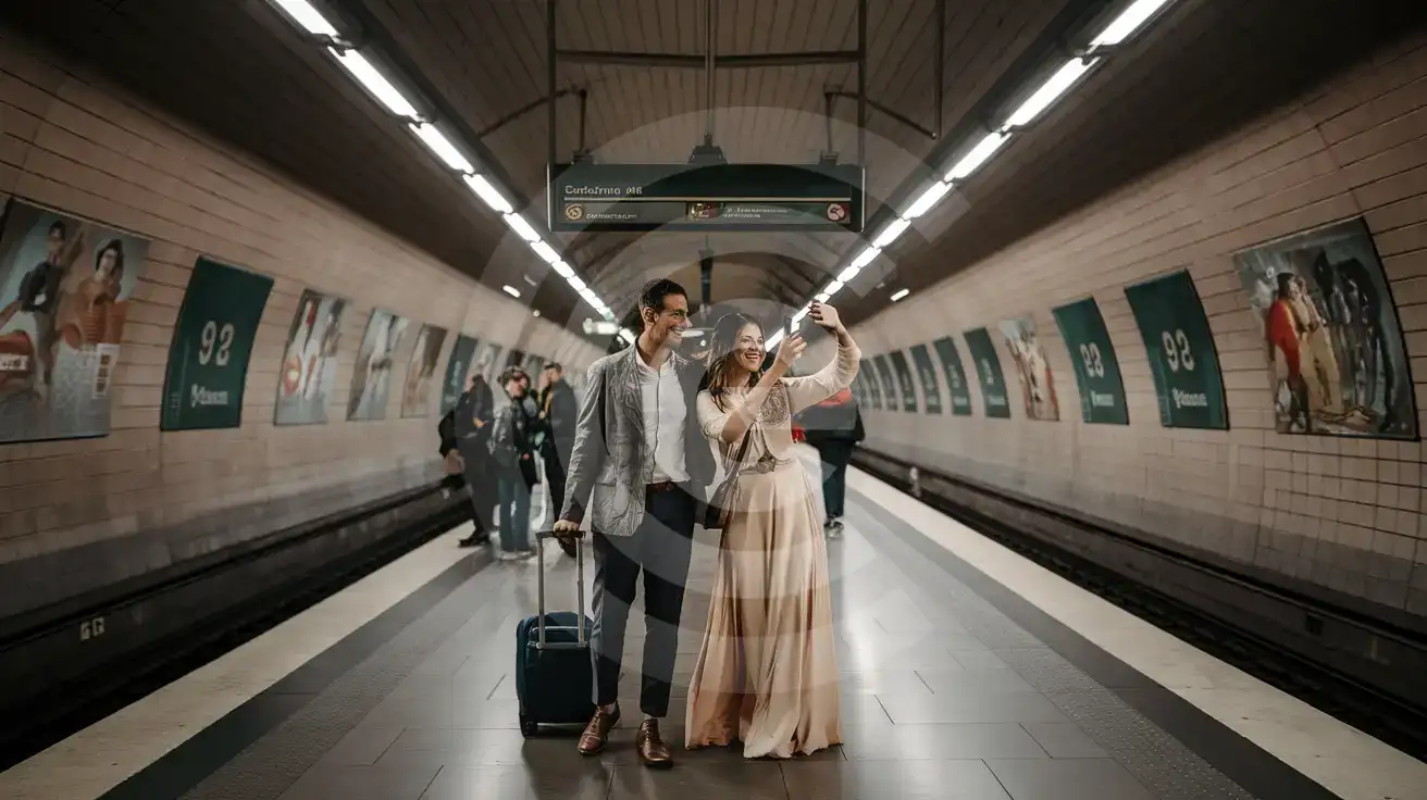 Honeymoon couple photographing the arriving Metro train at Catalunya station beneath Plaça de Catalunya in Barcelona