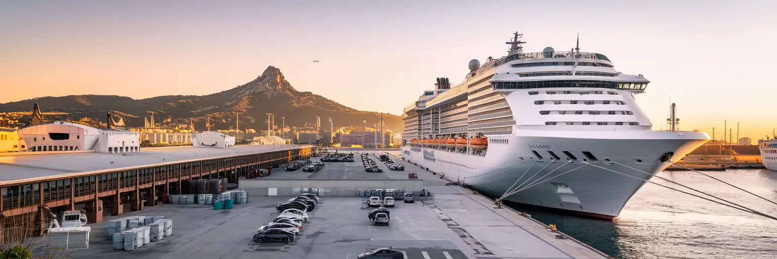 Wide exterior view of the Port of Barcelona cruise terminal area with ships docked at Moll Adossat