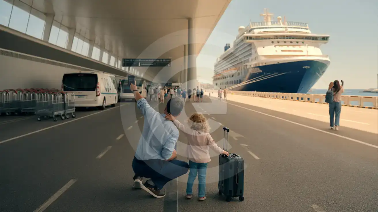 Family arriving near the Port of Barcelona cruise terminal approach road at Moll Adossat