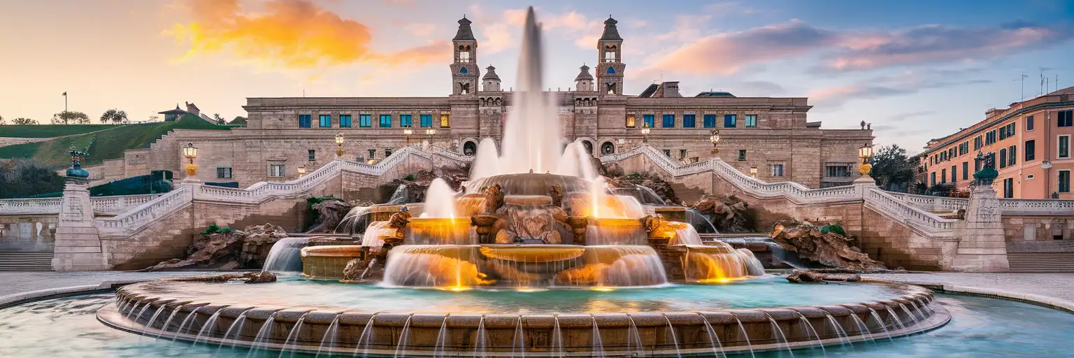 Fuente Mágica de Montjuïc con chorros de agua y el Palau Nacional iluminado al atardecer en Barcelona