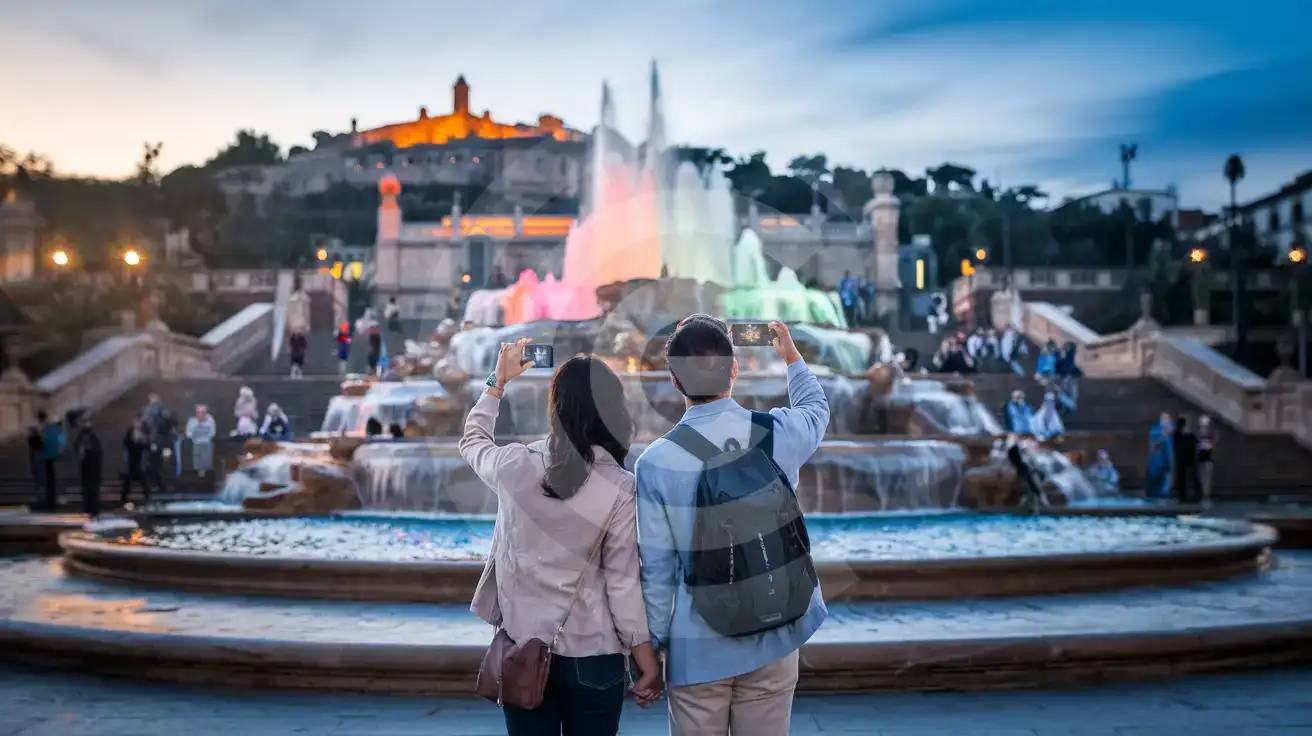 Pareja fotografiando el espectáculo de luces de la Fuente Mágica de Montjuïc con el Palau Nacional iluminado al fondo durante la hora azul