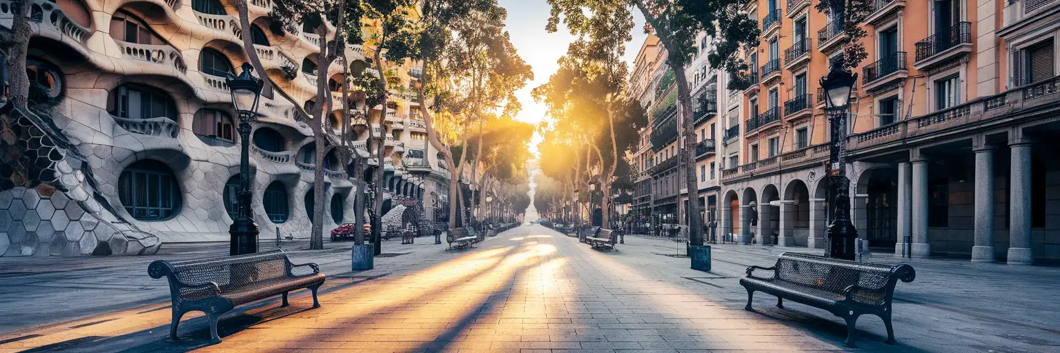 Passeig de Gràcia boulevard in Barcelona at golden hour showing Casa Batlló's modernist facade and tree-lined promenade with iconic lampposts