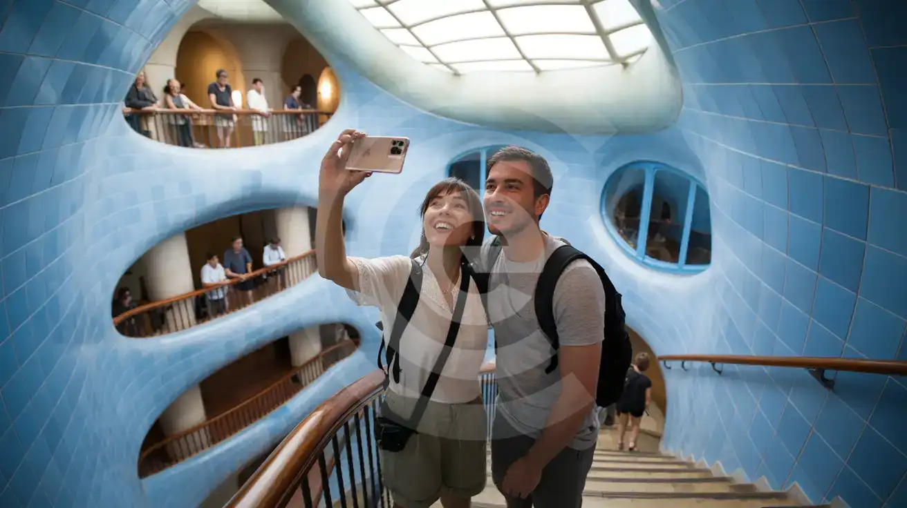Mixed couple photographing Casa Batlló's blue-tiled interior atrium and organic staircase on Passeig de Gràcia Barcelona
