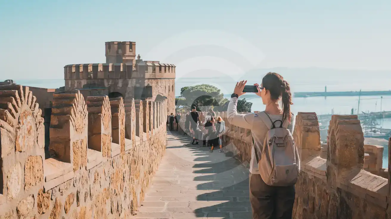 Mujer viajera sola fotografiando las murallas y el camino de la terraza en el Castillo de Montjuïc en Barcelona