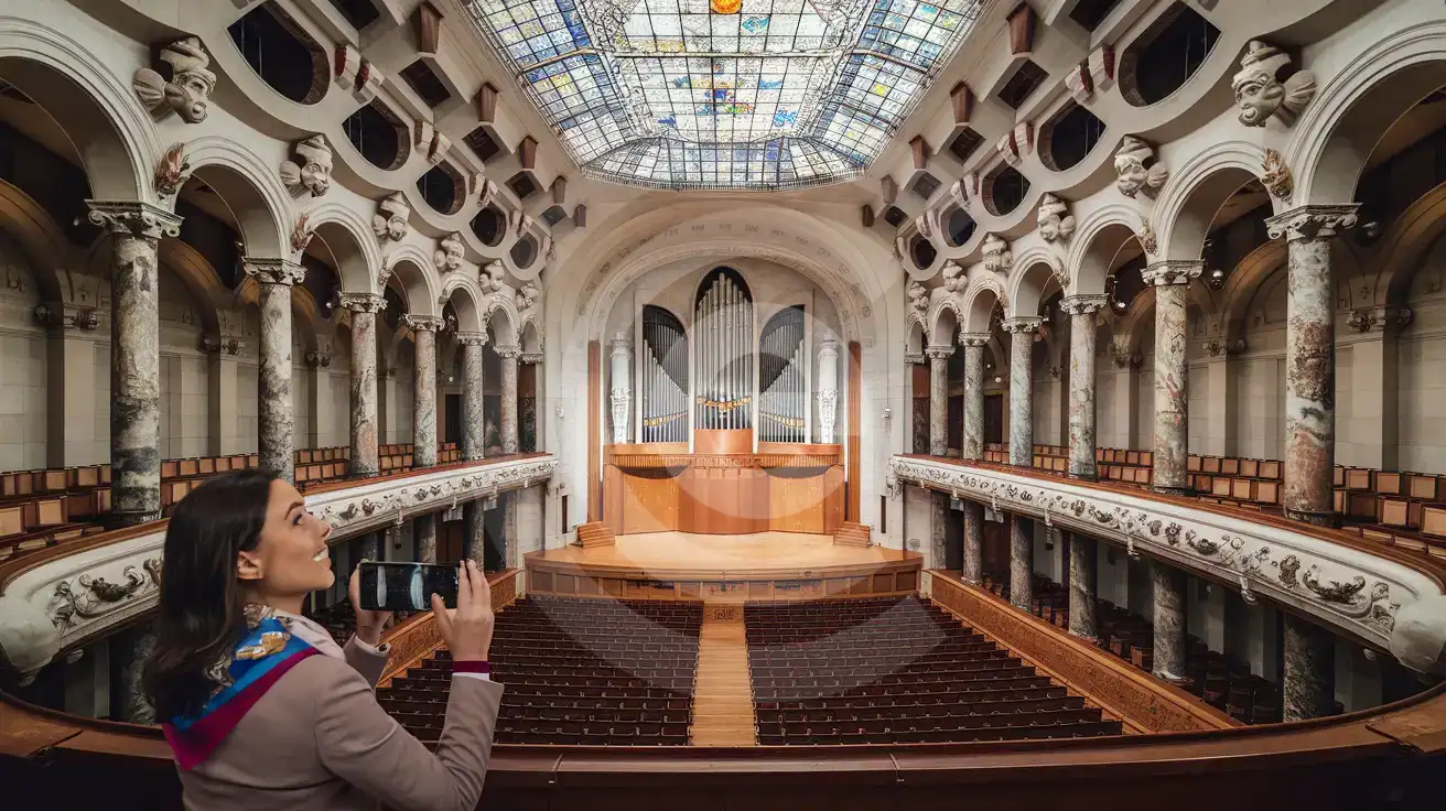 Barselona'daki Palau de la Música Catalana konser salonunda vitray kubbeyi fotoğraflayan tek başına seyahat eden kadın