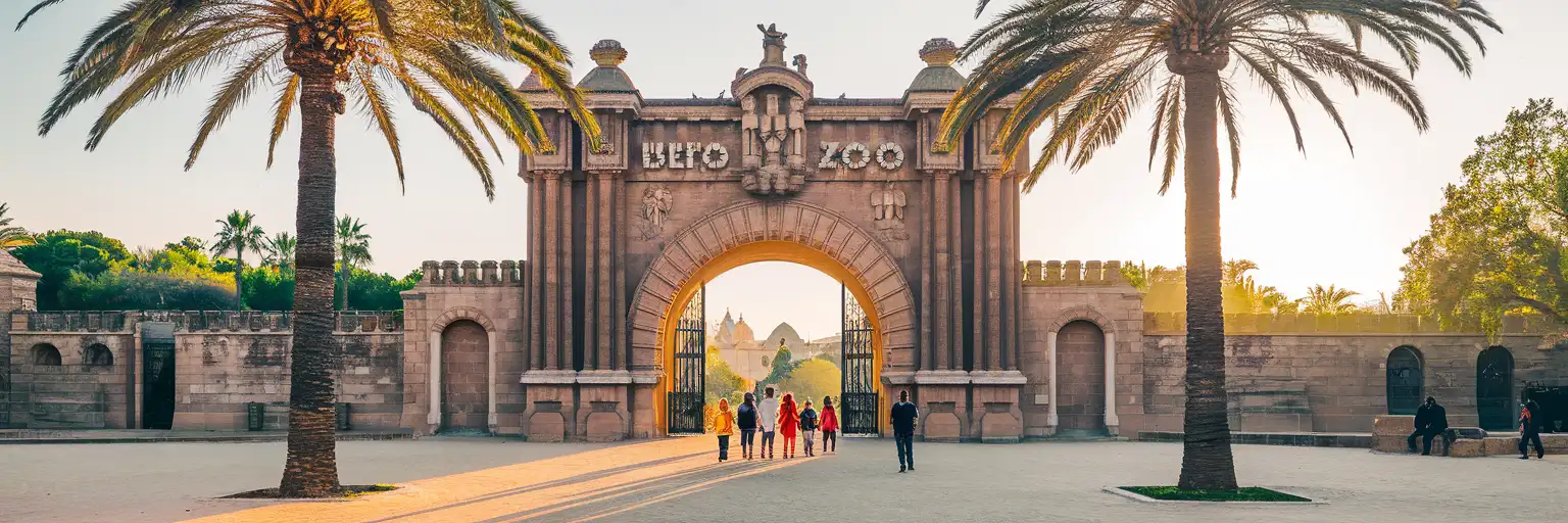 Barcelona Zoo main entrance with palm trees and Parc de la Ciutadella greenery at golden hour
