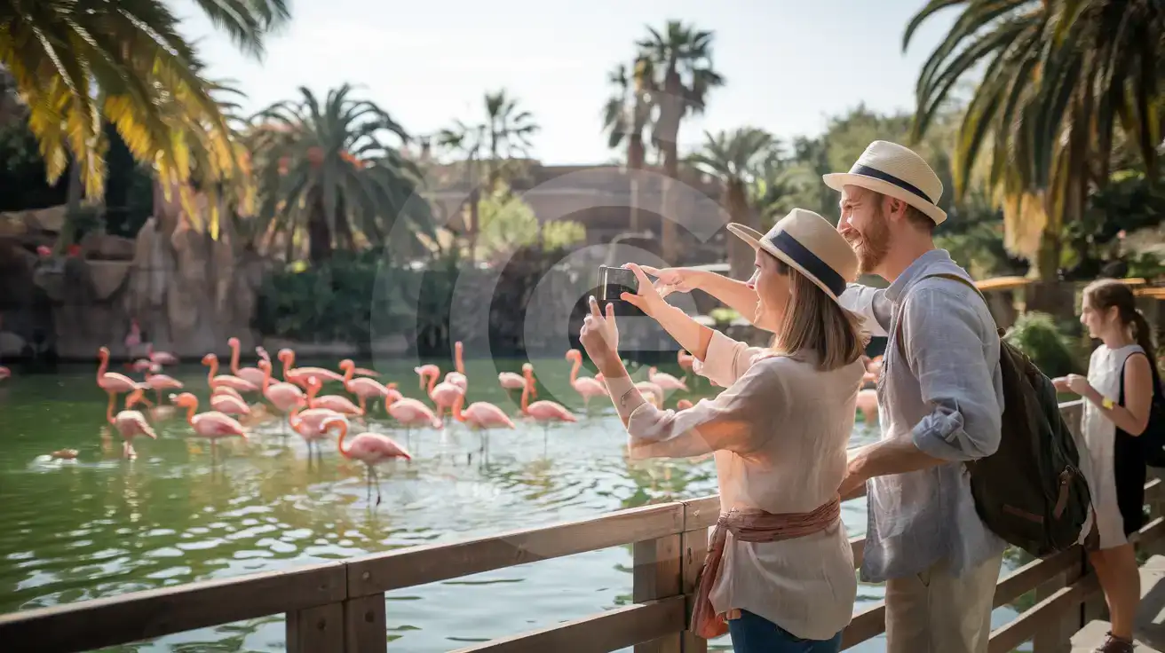 Couple photographing flamingos at Barcelona Zoo lagoon with Mediterranean palms
