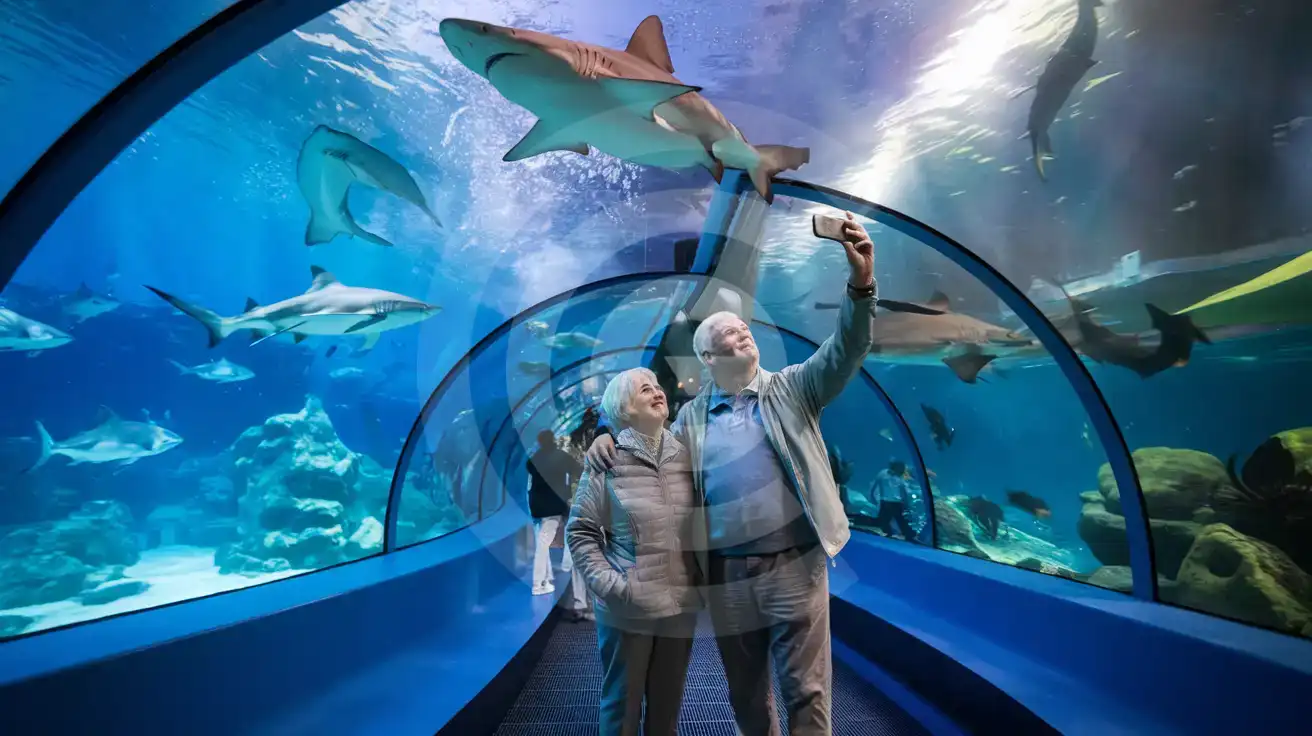 Senior couple photographing sharks in the Aquàrium Barcelona Oceanarium tunnel with smartphones