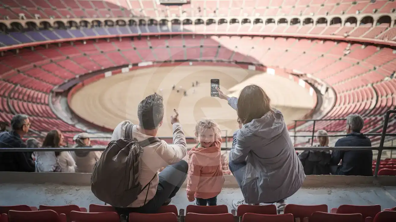 Family inside La Monumental in Barcelona looking toward the arena seating with a phone in hand
