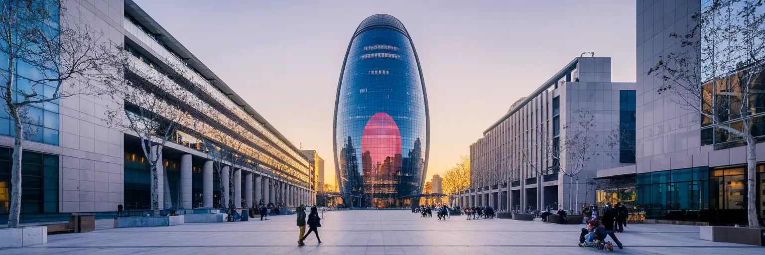 Vedere largă a exteriorului Torre Glòries din Barcelona la ora aurie