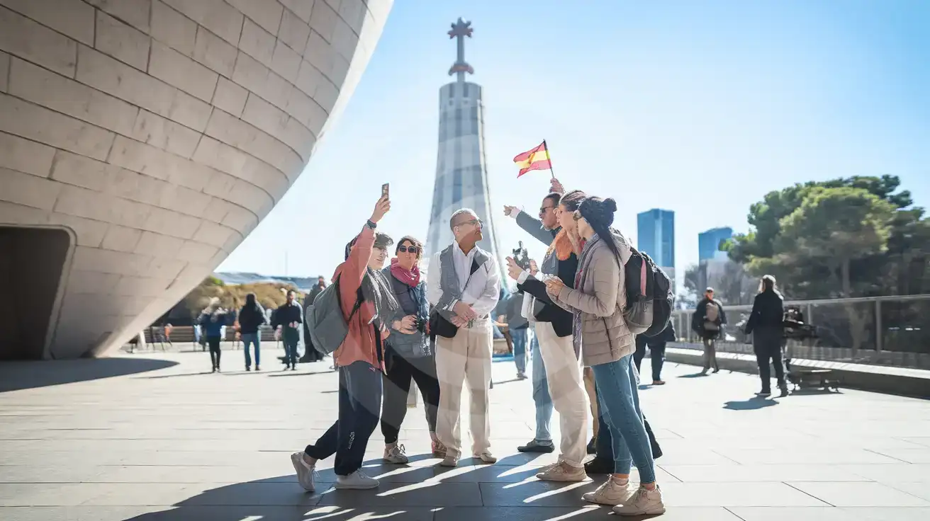 Grup de turiști în apropiere de Plaça de les Glòries, cu Torre Glòries ridicându-se deasupra Barcelonei
